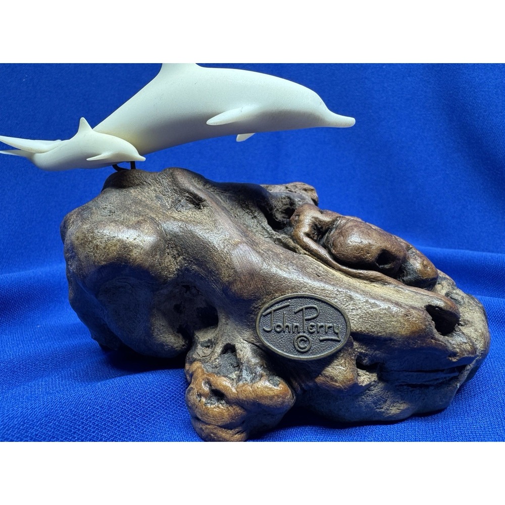 John Perry Pair Dolphin Figurines Burlwood Wood Base Sculpture Mother Calf VTG - Picture 5 of 9